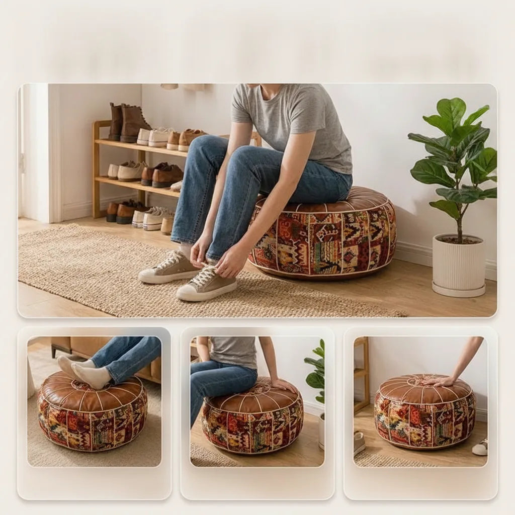 Storage Ottoman Kilim Patchwork Padded Faux Leather Seat