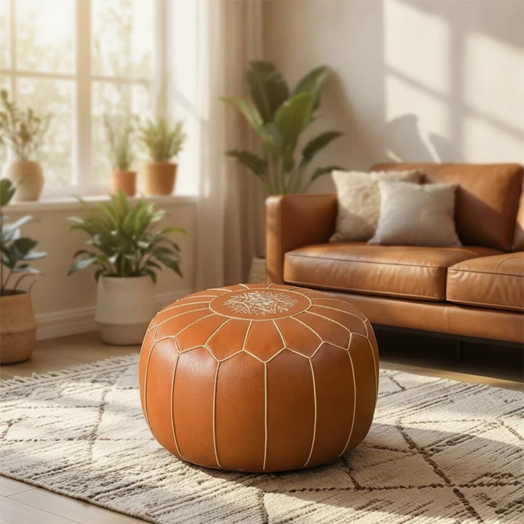 Storage Pouf Hand-Embroidered Hidden Storage & Water-Repellent Faux Leather