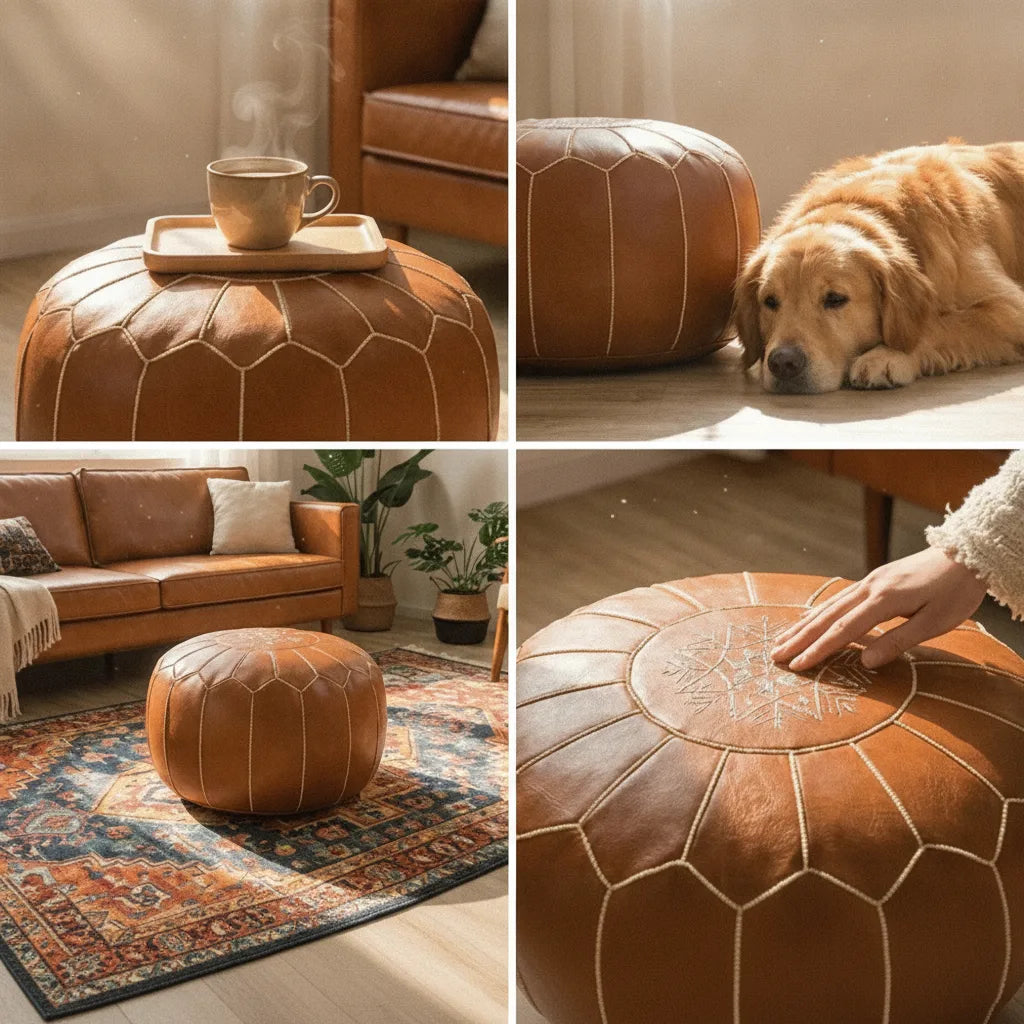 Storage Pouf Hand-Embroidered Hidden Storage & Water-Repellent Faux Leather