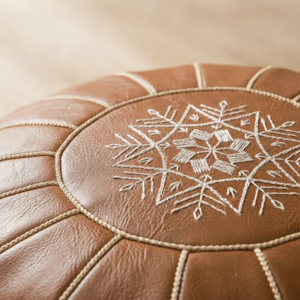 Storage Pouf Hand-Embroidered Hidden Storage & Water-Repellent Faux Leather
