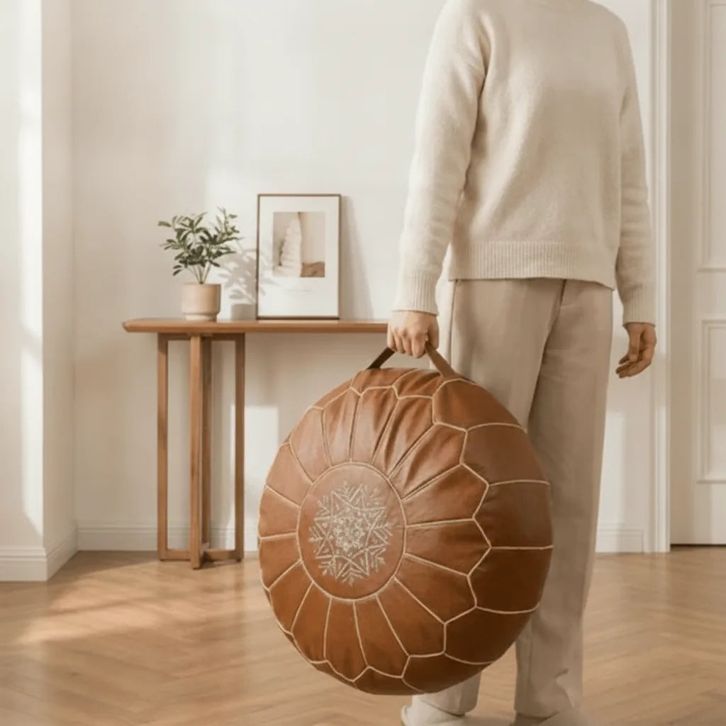 Storage Pouf Hand-Embroidered Hidden Storage & Water-Repellent Faux Leather