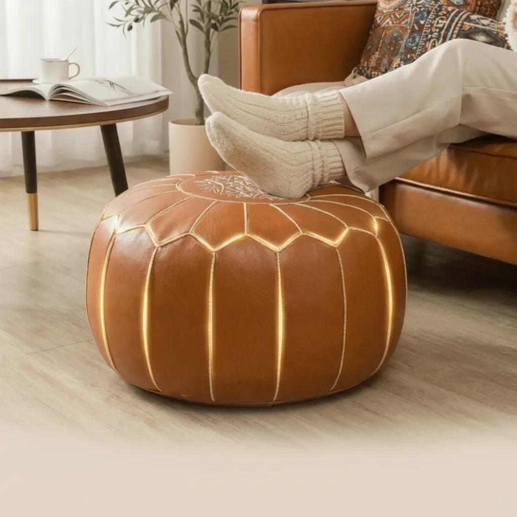 Storage Pouf Hand-Embroidered Hidden Storage & Water-Repellent Faux Leather