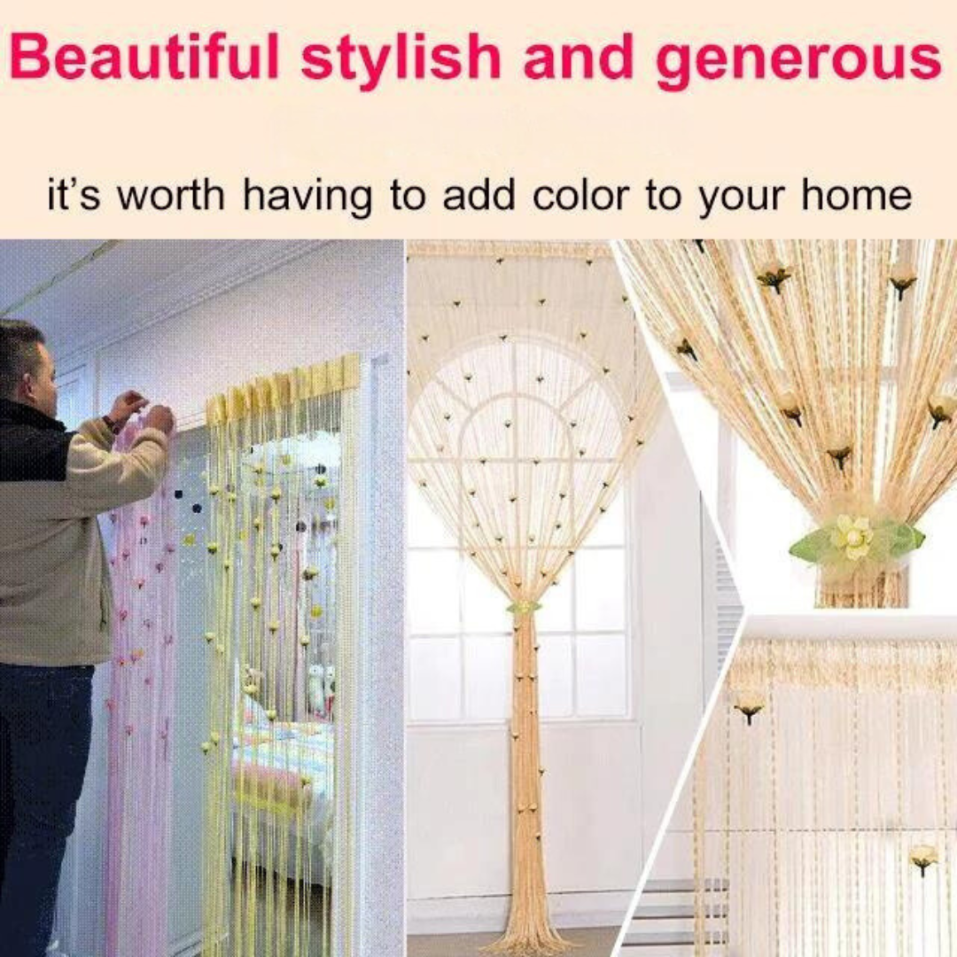 String Curtain Silk Roses Silver Wire No-Drill