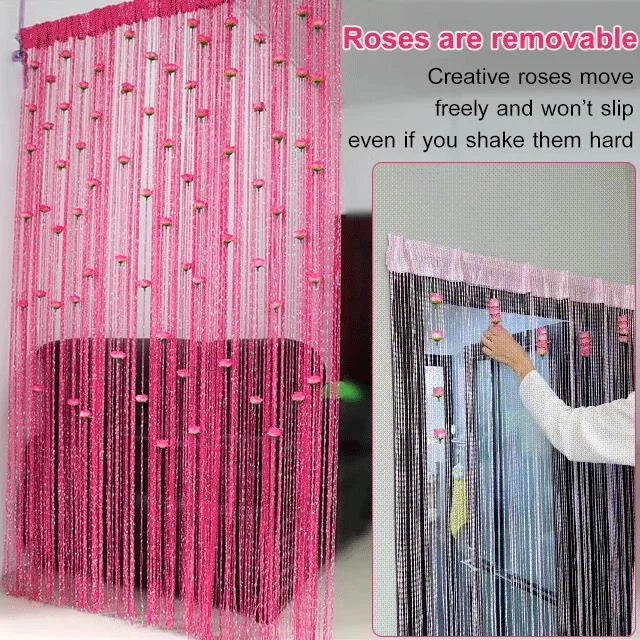 String Curtain Silk Roses Silver Wire No-Drill