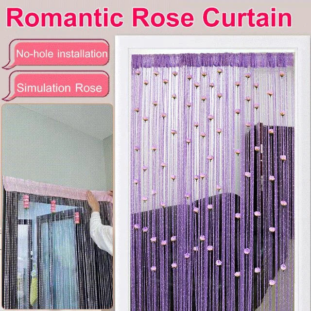 String Curtain Silk Roses Silver Wire No-Drill