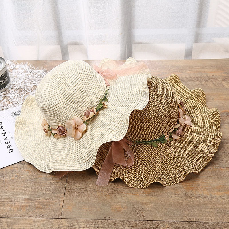 Sun Hat Wide Brim Breathable Floral Trim