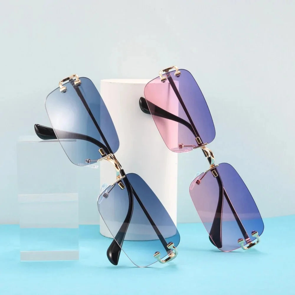 Sunglasses Rimless Rectangular Lightweight Metal Temples & UV Protection