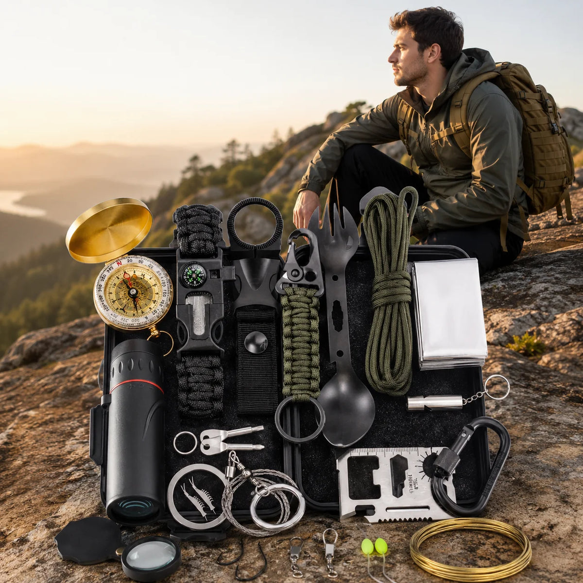 Survival Kit 13-Piece Luminous Compass & Waterproof Case