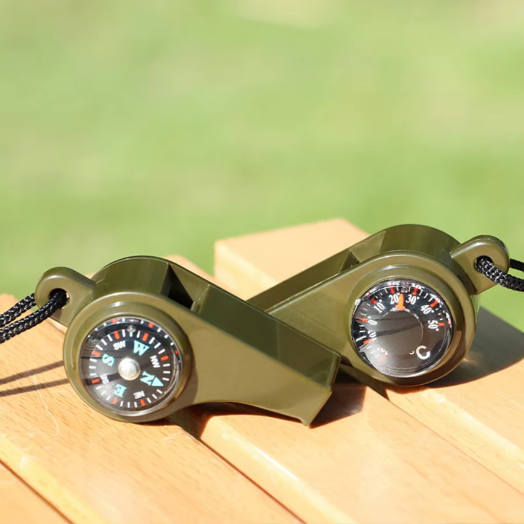Survival Whistle Battery Free Flexible Rubber Compass & Thermometer
