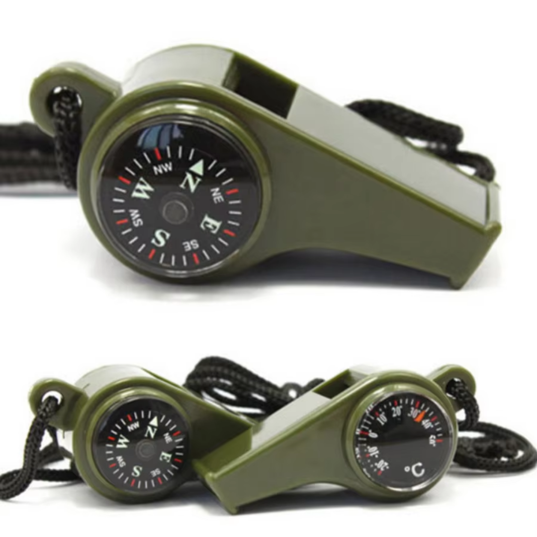 Survival Whistle Battery Free Flexible Rubber Compass & Thermometer