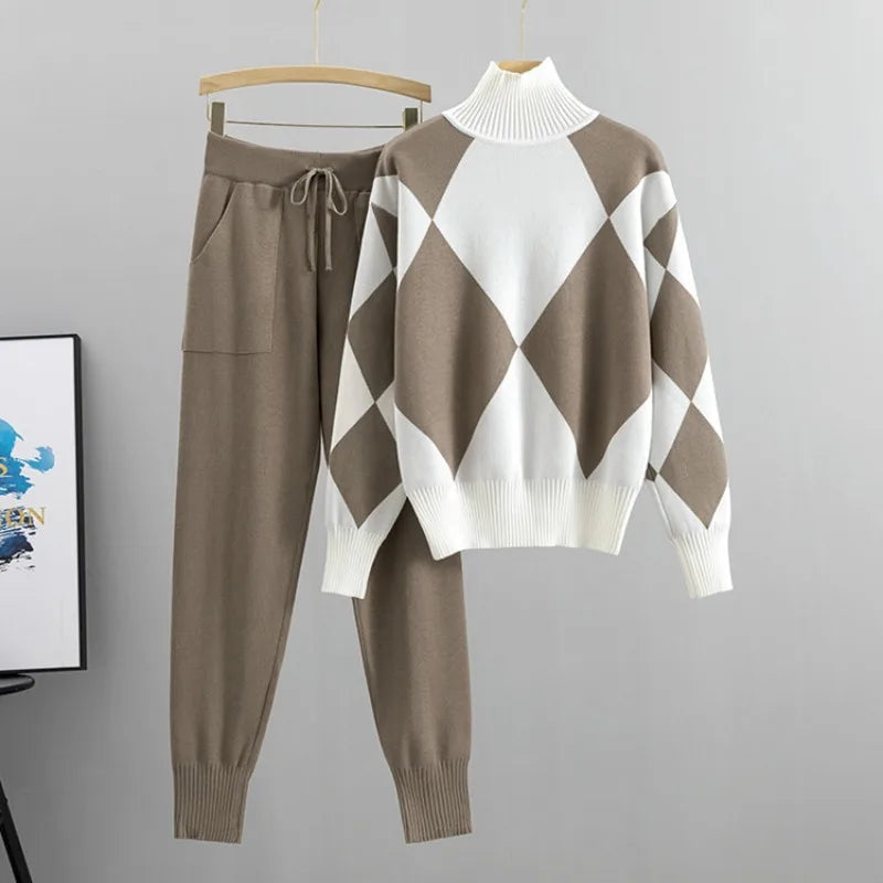 Sweater Set Knitted Checkered Turtleneck Elastic Waistband & Pockets