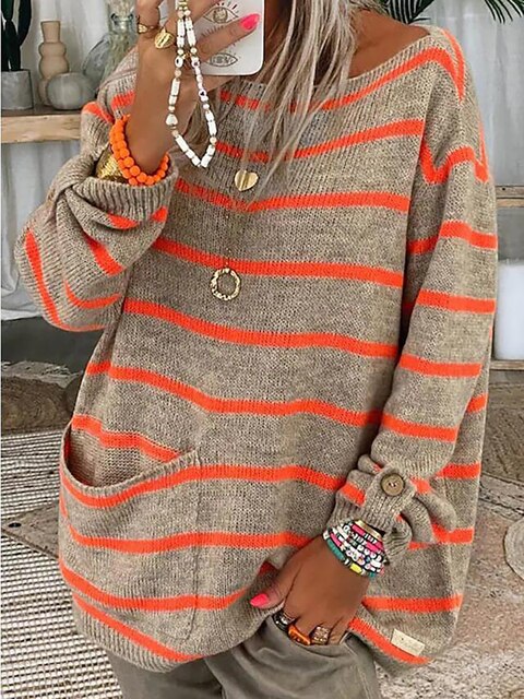 Sweater Striped Round Neck Machine Washable