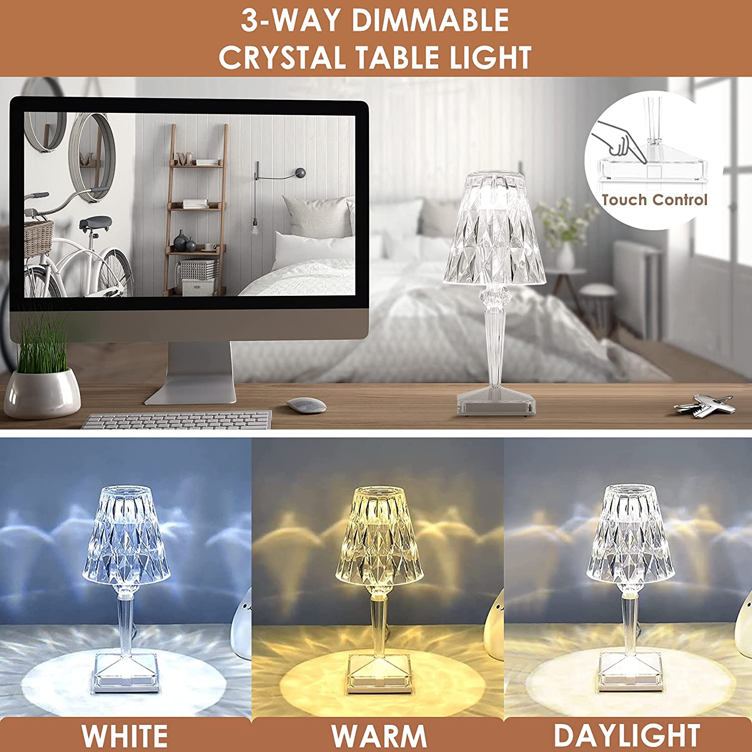 Table Lamp Crystal-Cut Acrylic USB Rechargeable LED & Touch Control