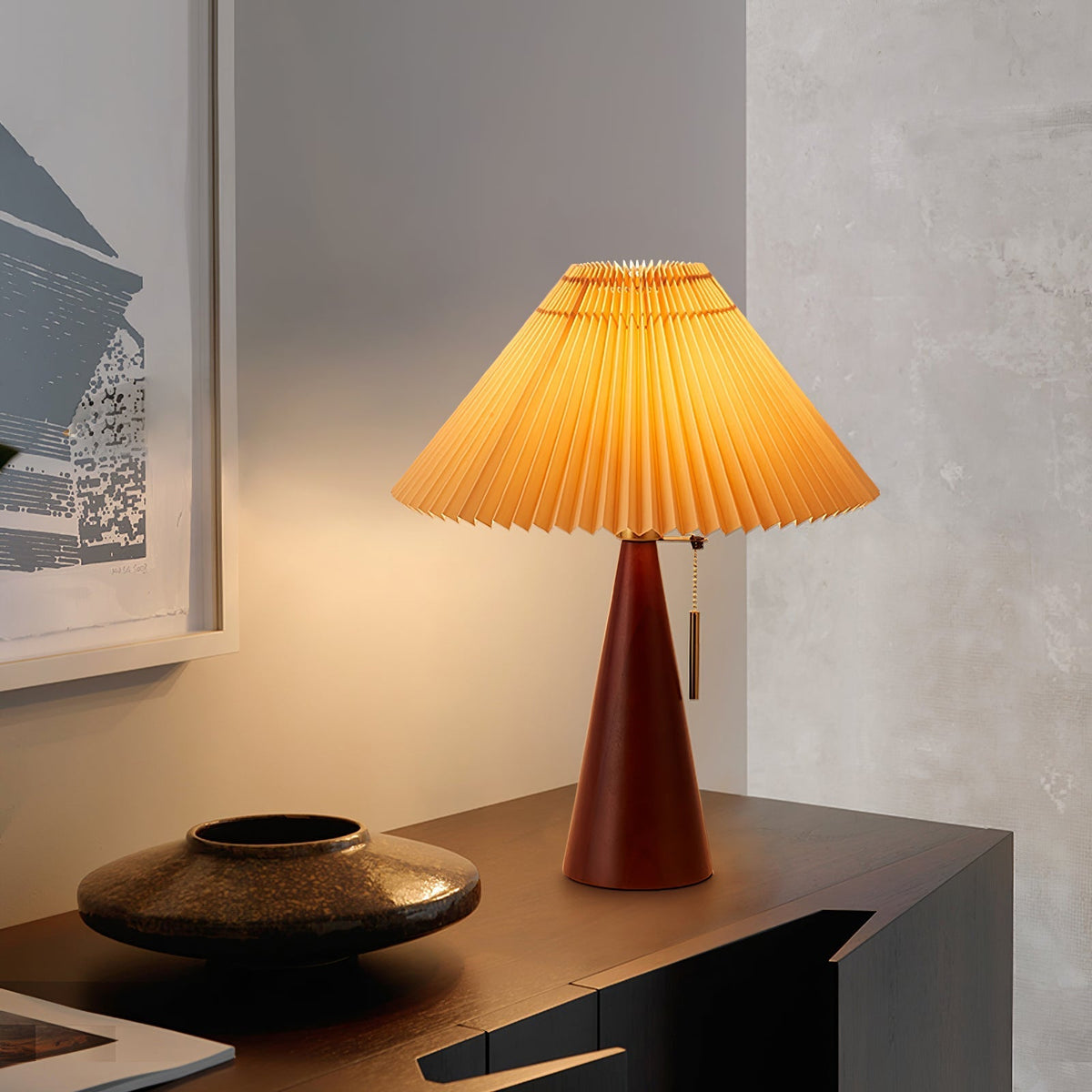 Table Lamp Folded Fabric Shade Wood Base 40cm