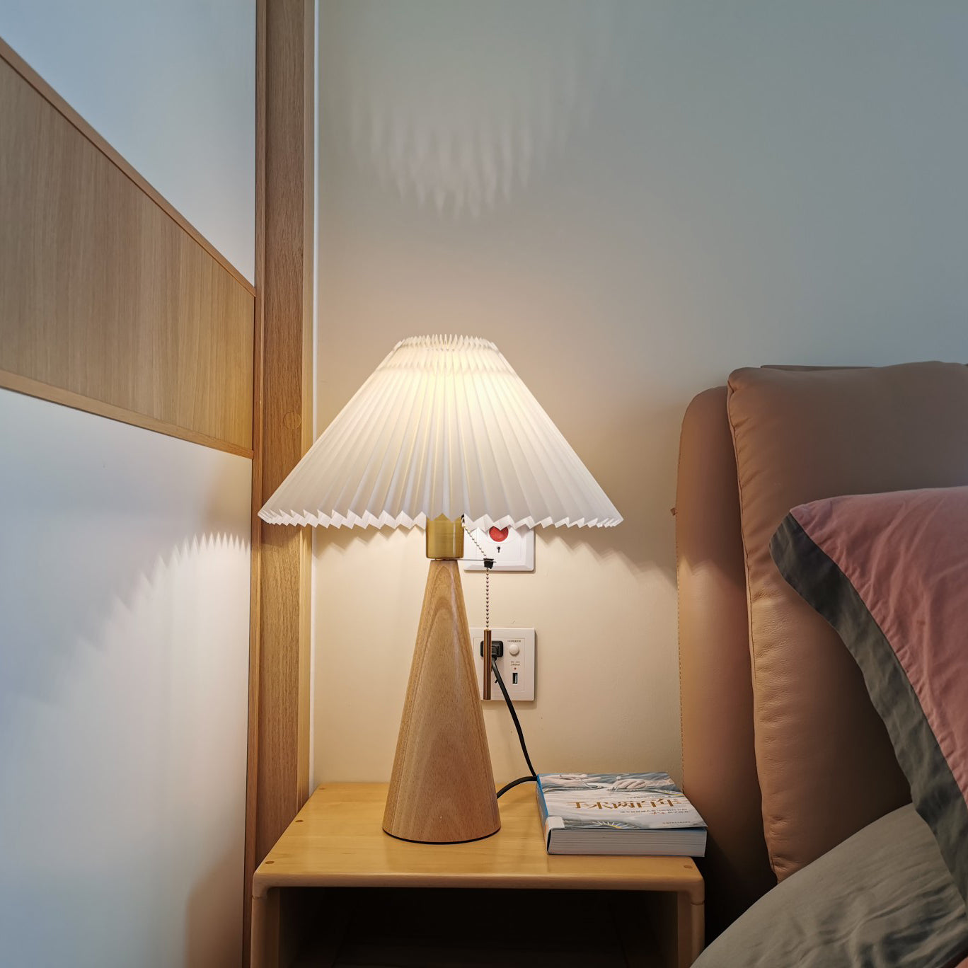 Table Lamp Folded Fabric Shade Wood Base 40cm