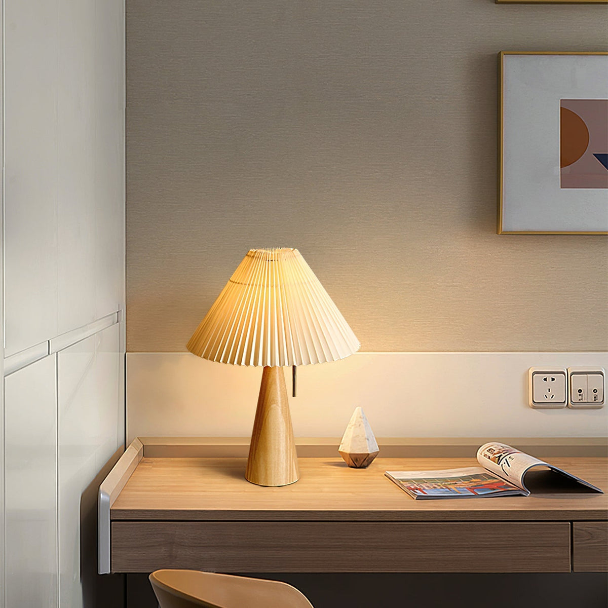 Table Lamp Folded Fabric Shade Wood Base 40cm