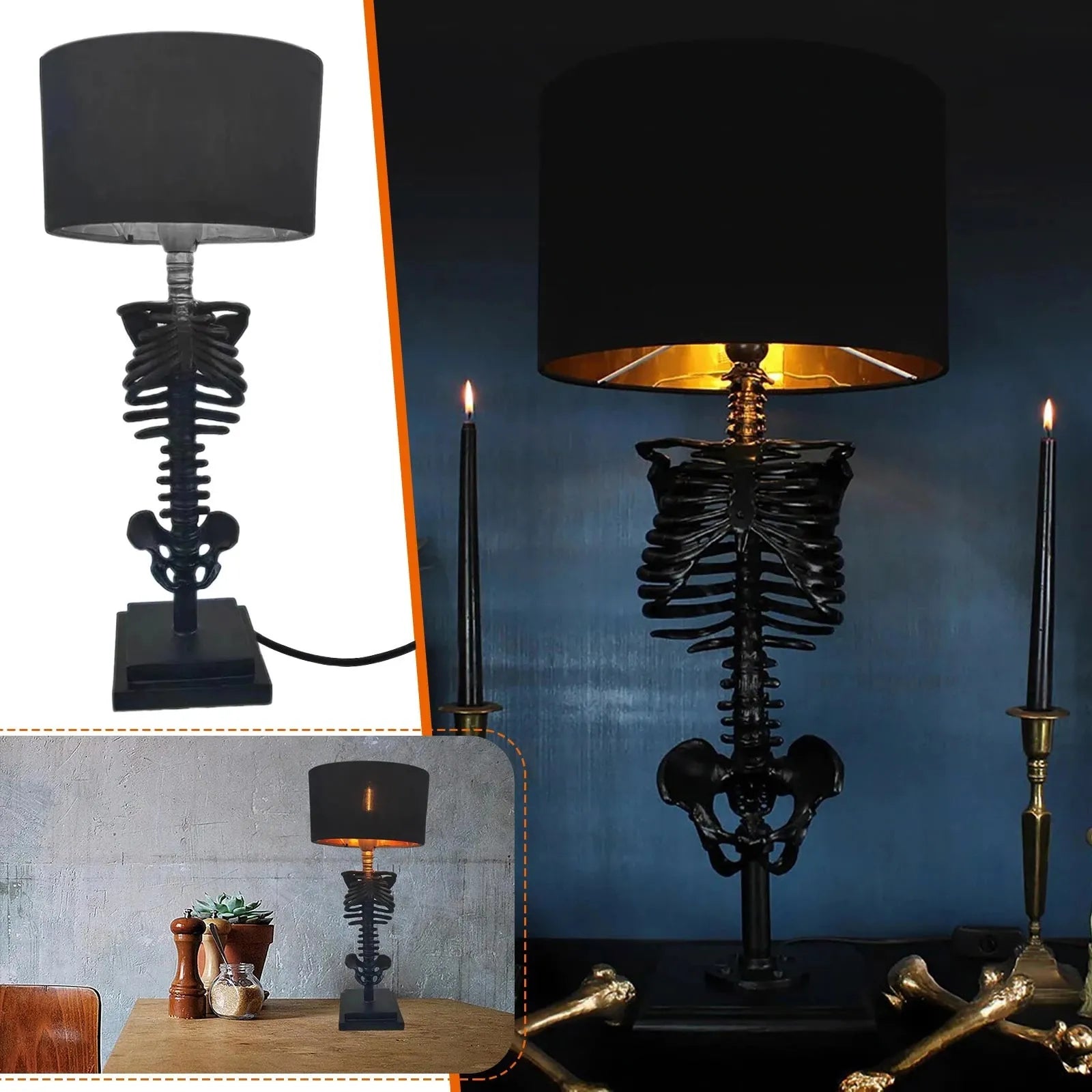Table Lamp Gothic Skeleton Handcrafted Resin & Metal