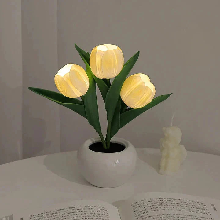 Table Lamp Lifelike Tulip Ceramic Pot USB-Powered