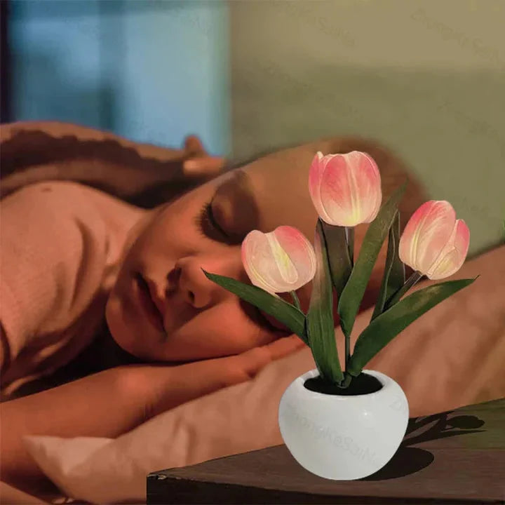 Table Lamp Lifelike Tulip Ceramic Pot USB-Powered