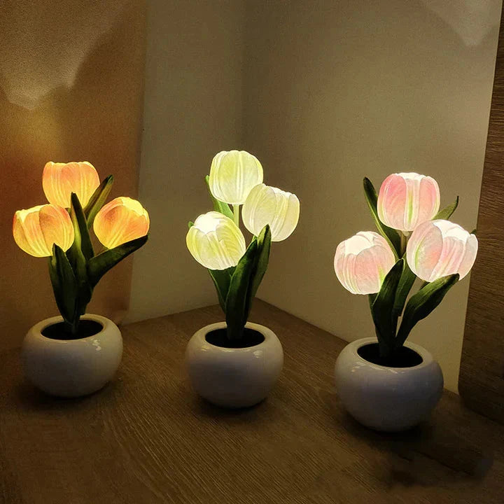 Table Lamp Lifelike Tulip Ceramic Pot USB-Powered