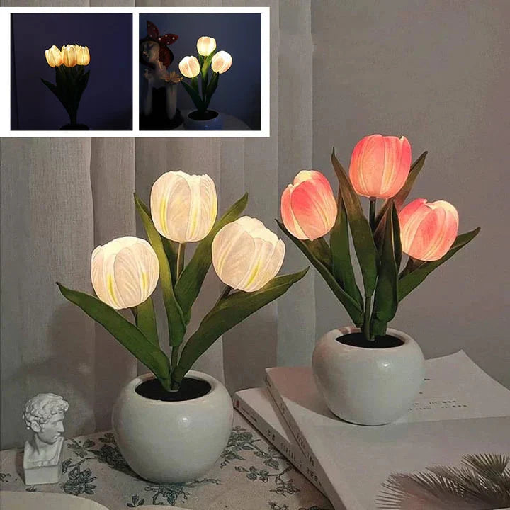 Table Lamp Lifelike Tulip Ceramic Pot USB-Powered