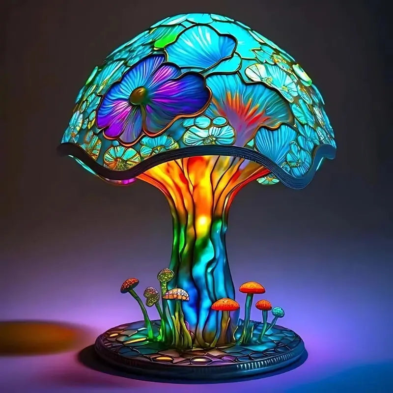 Table Lamp Multicolor Stained Glass Resin Base 12 Inch