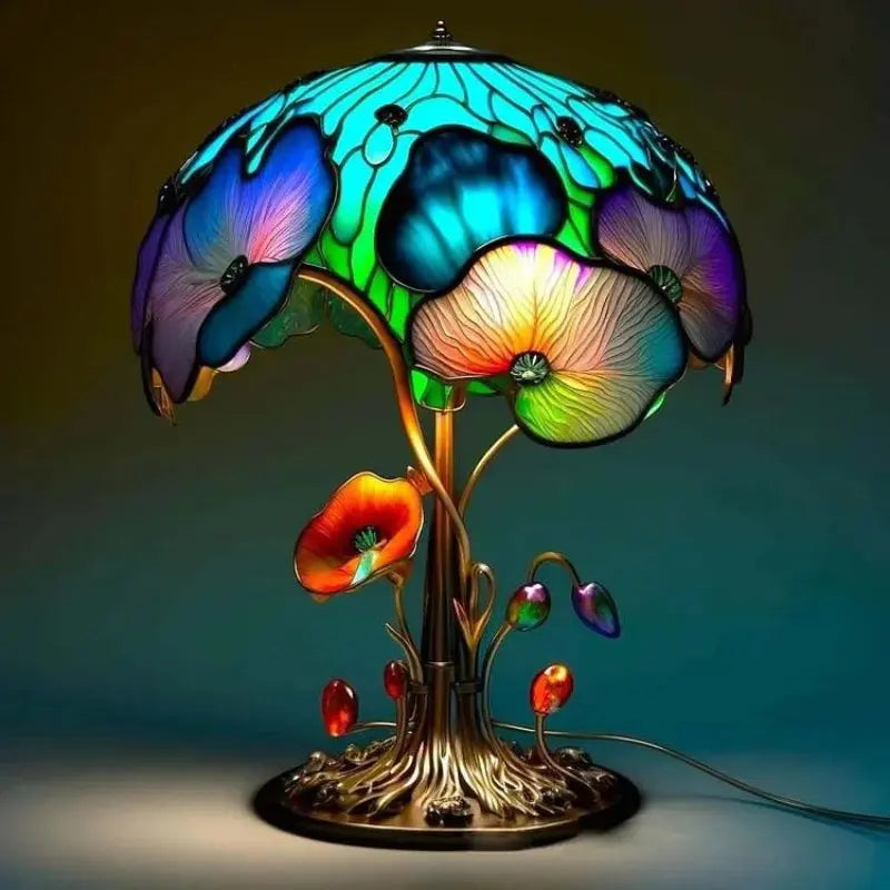 Table Lamp Multicolor Stained Glass Resin Base 12 Inch