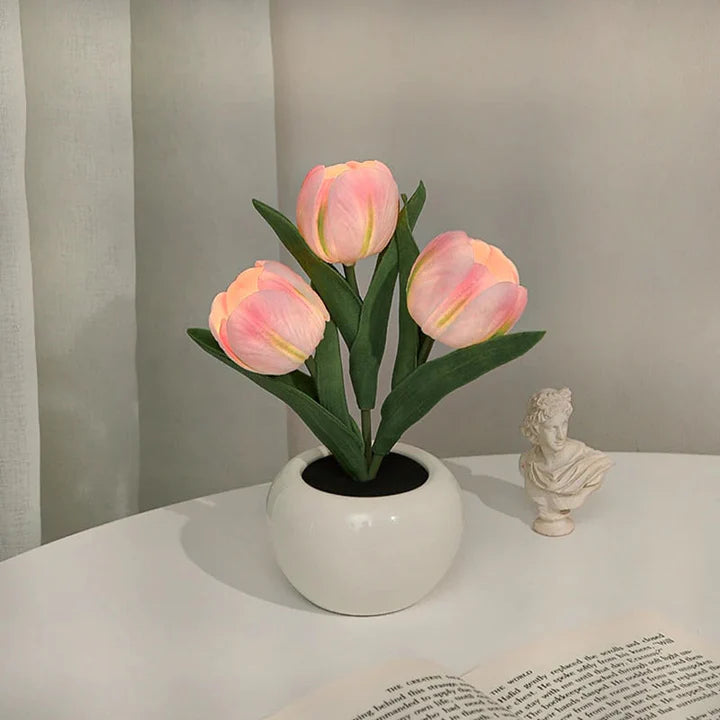 Table Lamp Realistic Tulip Ceramic Pot USB Powered Warm Light