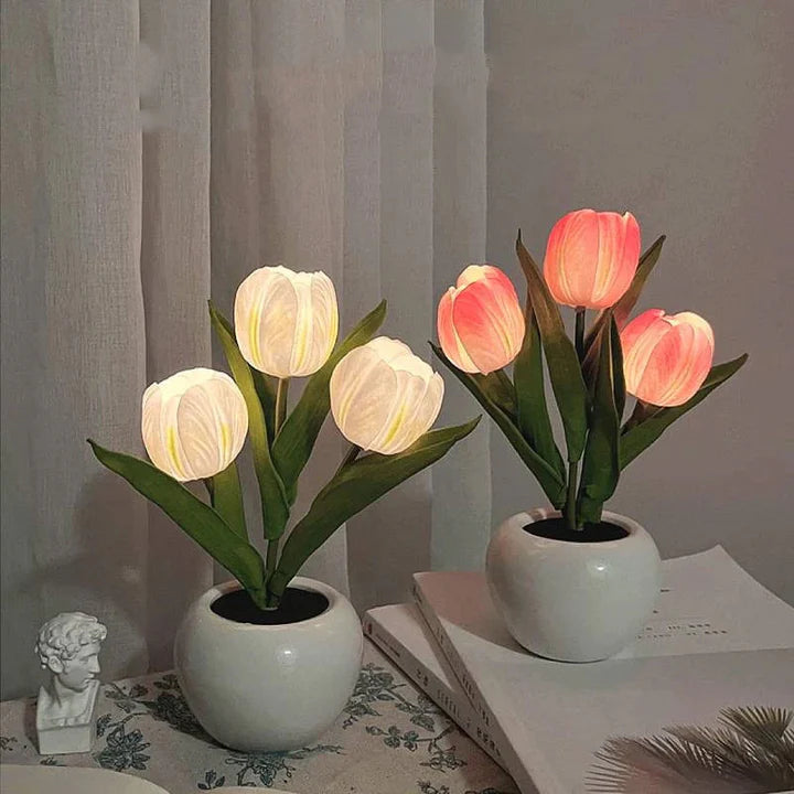 Table Lamp Realistic Tulip Ceramic Pot USB Powered Warm Light
