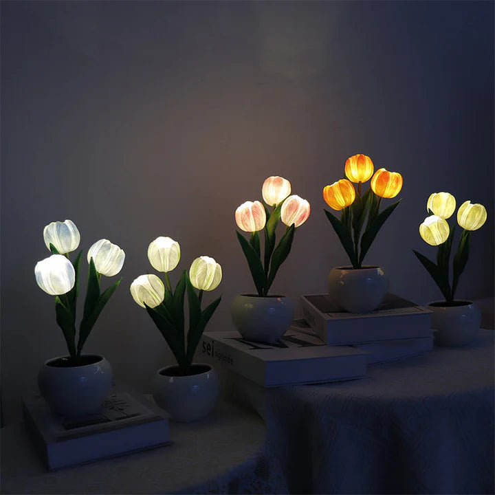 Table Lamp Realistic Tulip Ceramic Pot USB Powered Warm Light