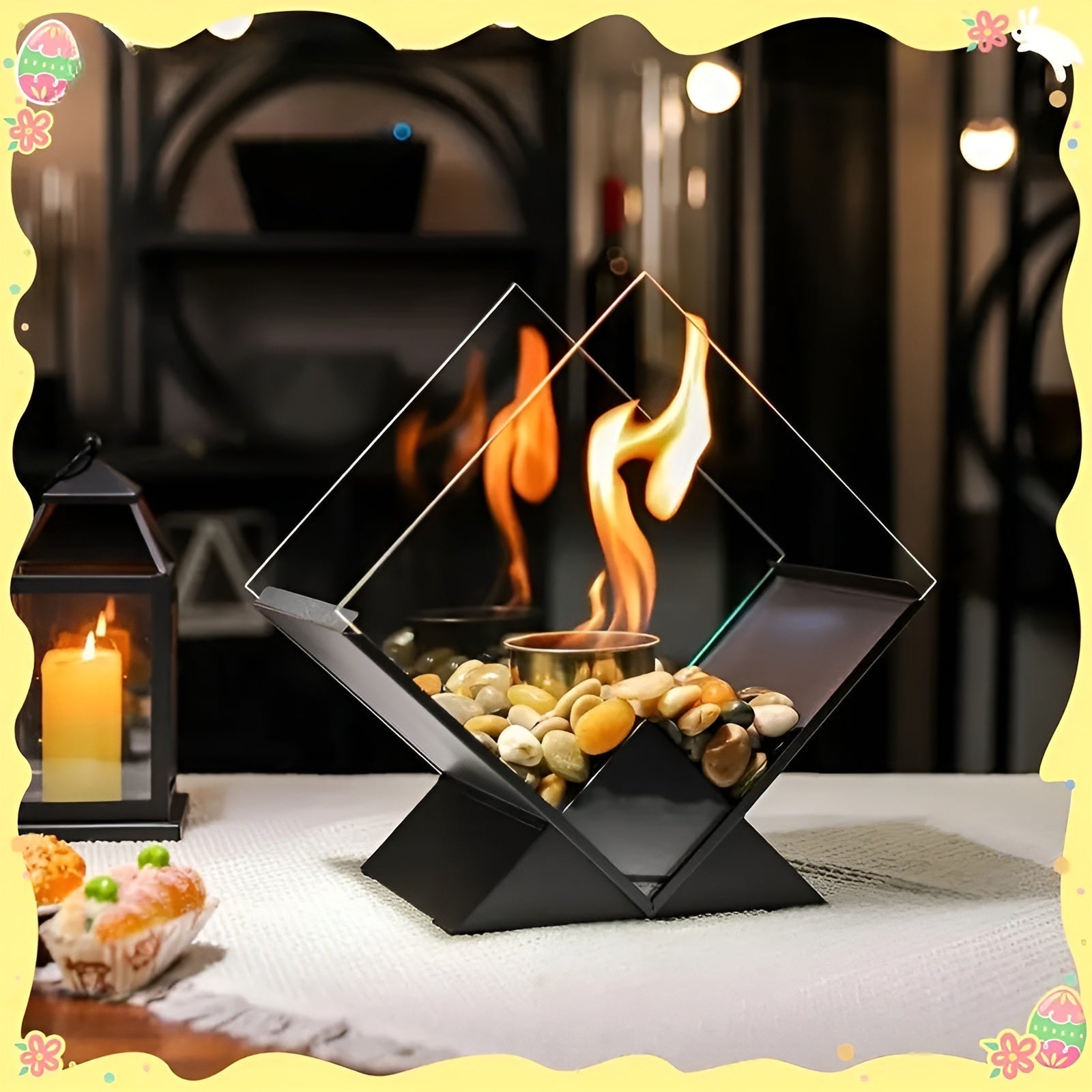 Tabletop Fireplace Bio-Ethanol Flame Mirrored Panels & Decorative Stones