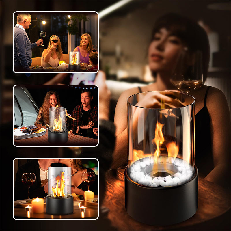 Tabletop Fireplace Portable Glass Cylinder Decorative Stone Base