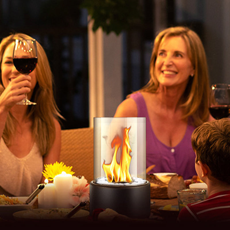 Tabletop Fireplace Portable Glass Cylinder Decorative Stone Base