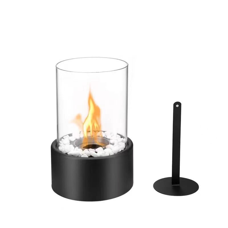 Tabletop Fireplace Portable Glass Cylinder Decorative Stone Base