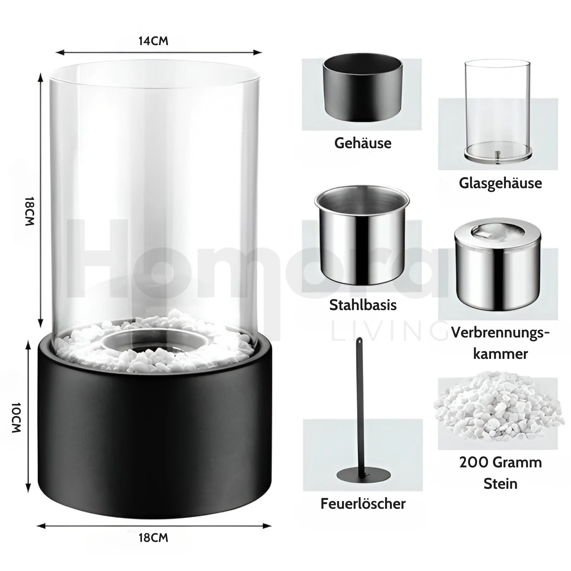 Tabletop Fireplace Removable Glass Cylinder & Metal Base