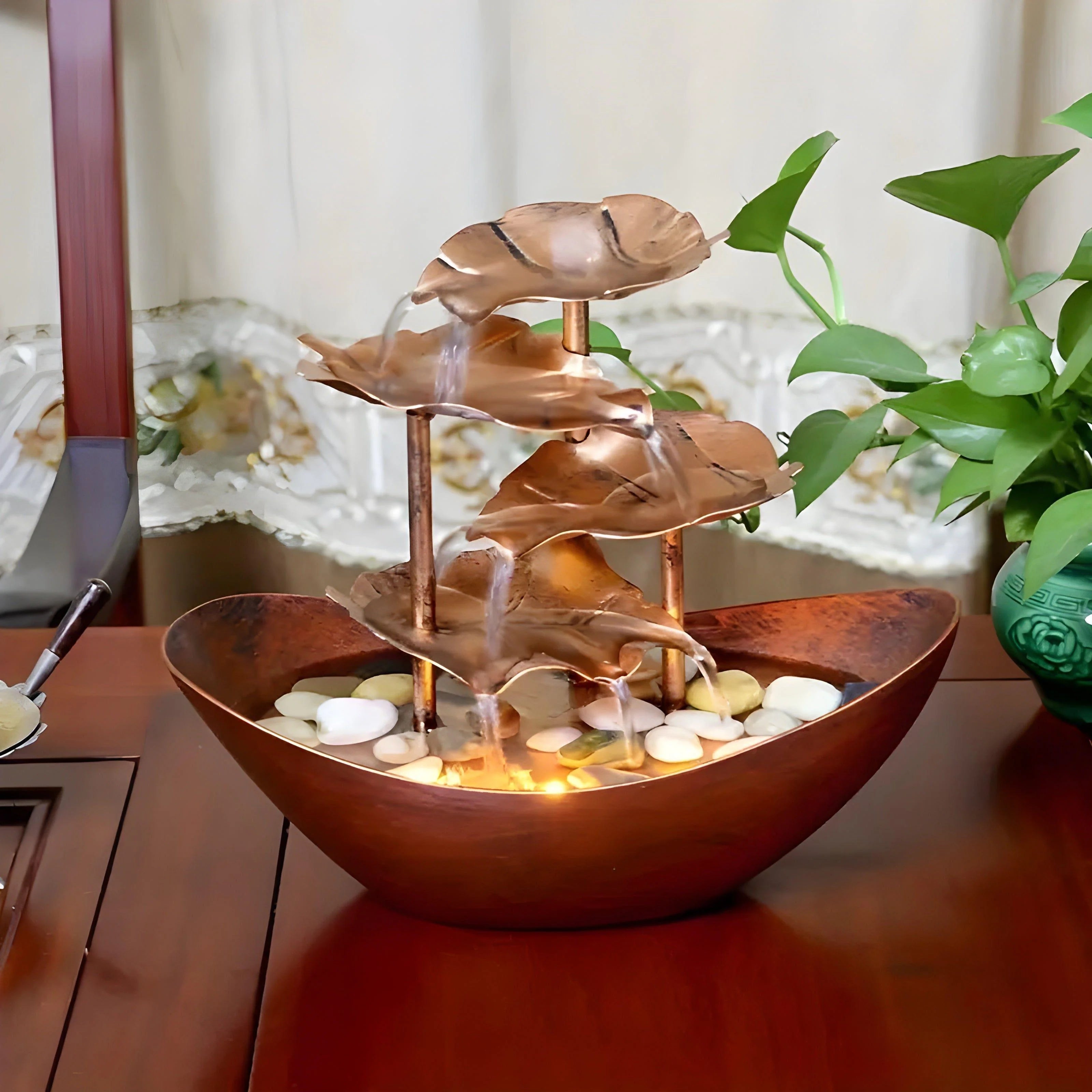 Tabletop Fountain Multi-Level Metal Leaf Integrated LED