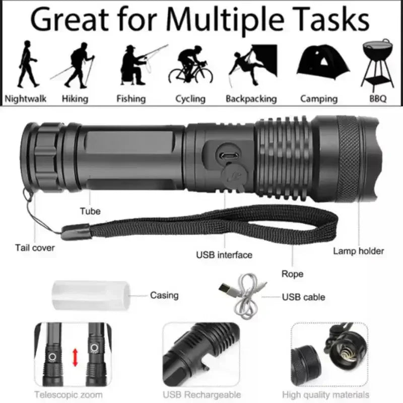 Tactical LED Flashlight 90,000 Lumens Adjustable Zoom IP65 Waterproof