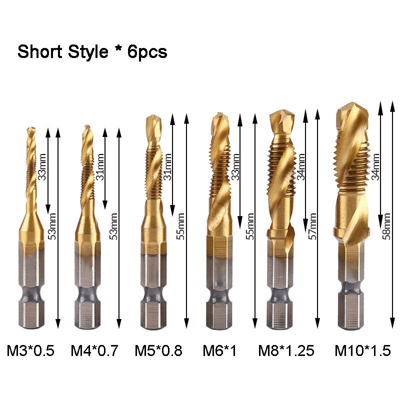 Thread Tap Set 6-Piece Titanium-Coated HSS 3-In-1