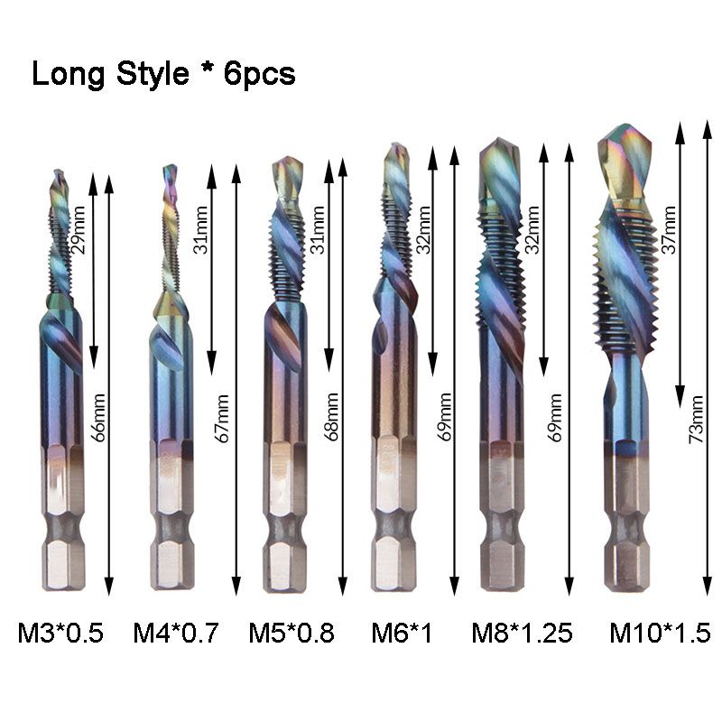 Thread Tap Set 6-Piece Titanium-Coated HSS 3-In-1