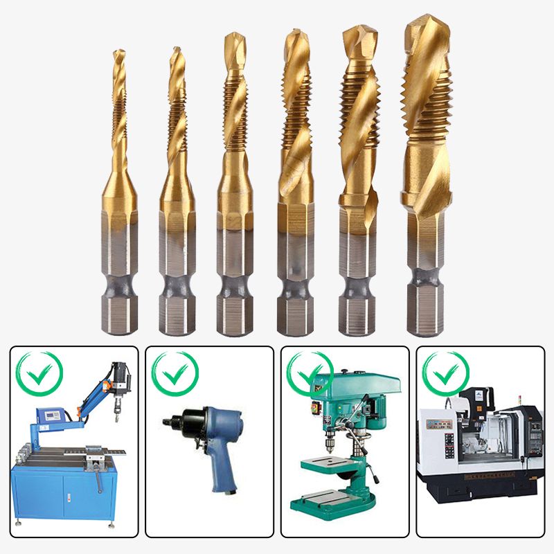 Thread Tap Set 6-Piece Titanium-Coated HSS 3-In-1