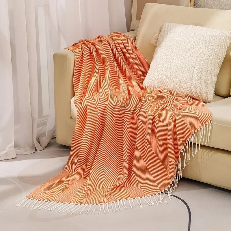Throw Blanket 100% Cotton Striped & Fringed