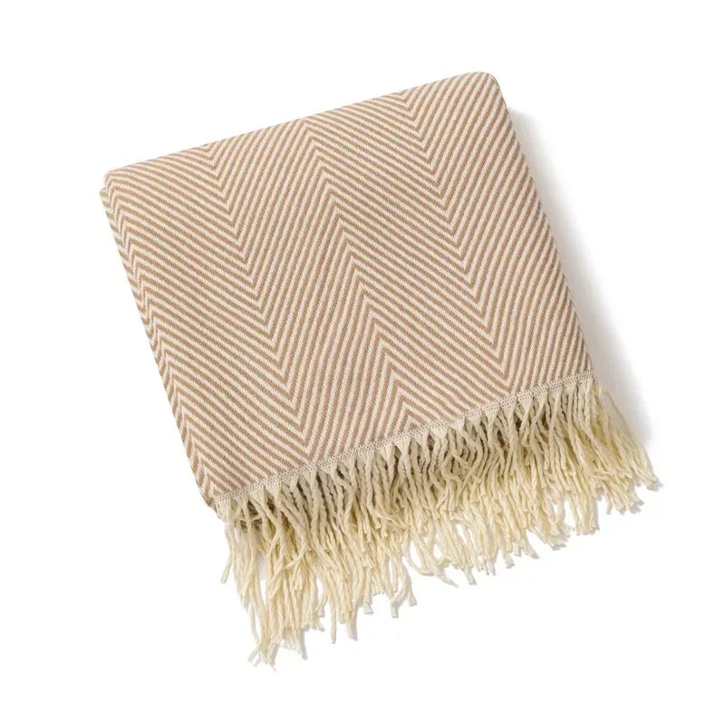 Throw Blanket 100% Cotton Striped & Fringed