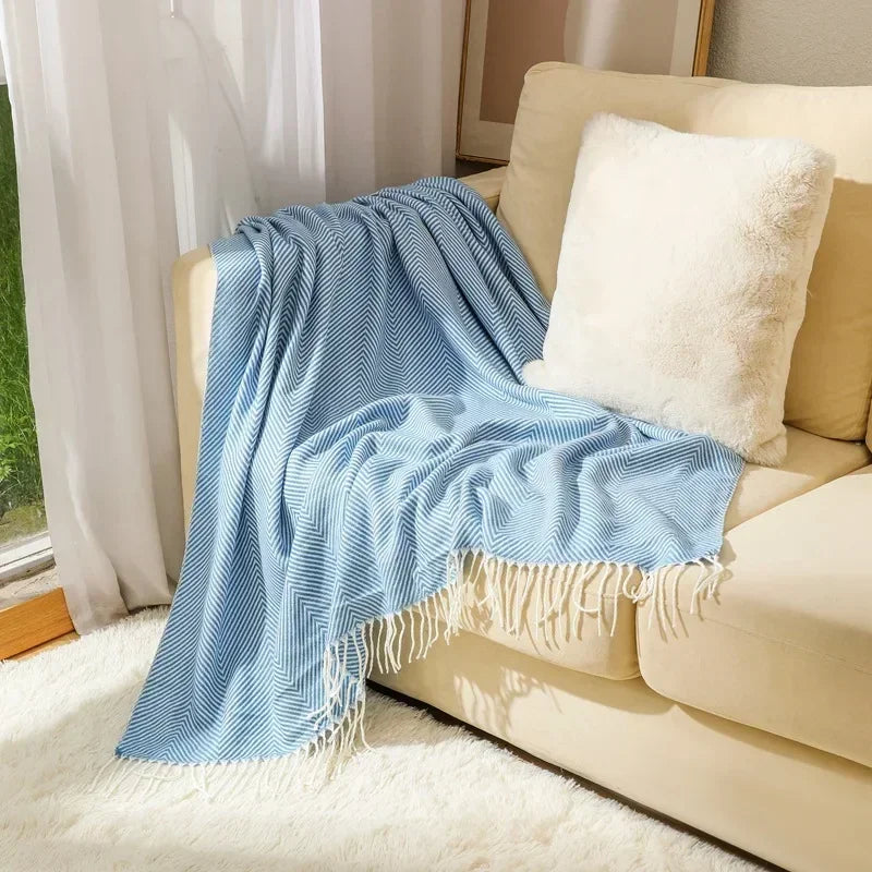 Throw Blanket 100% Cotton Striped & Fringed