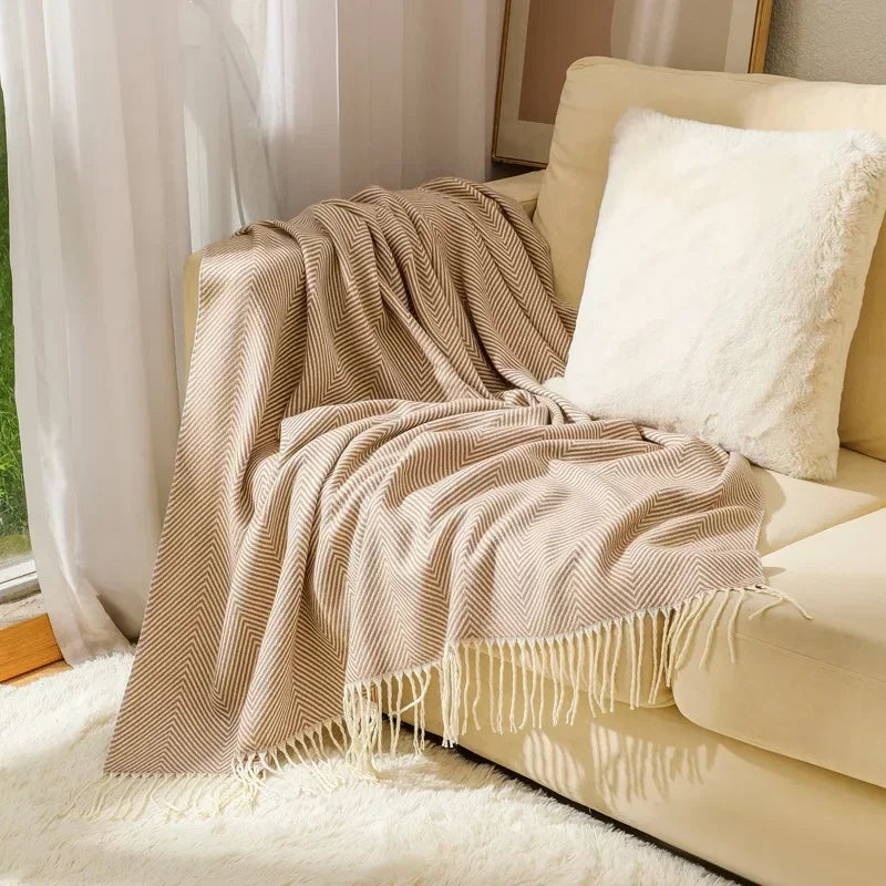 Throw Blanket 100% Cotton Striped & Fringed