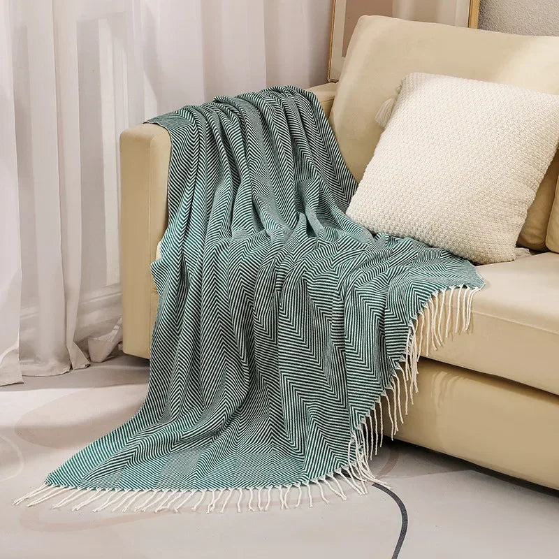 Throw Blanket 100% Cotton Striped & Fringed