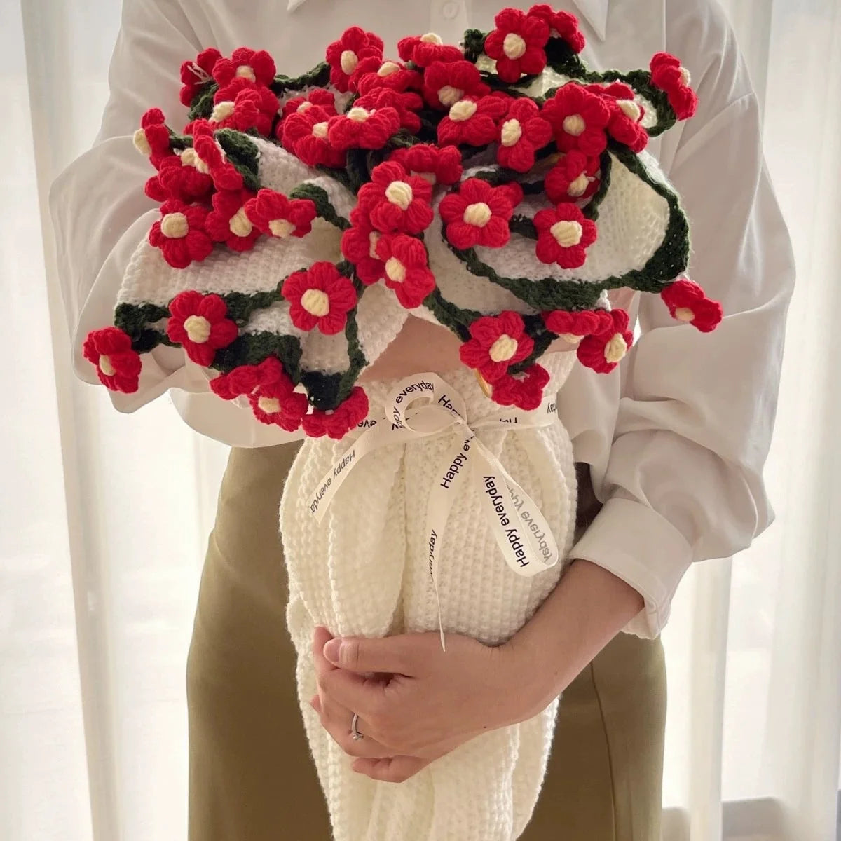 Throw Blanket Double-Knit Crocheted Flower Appliqués