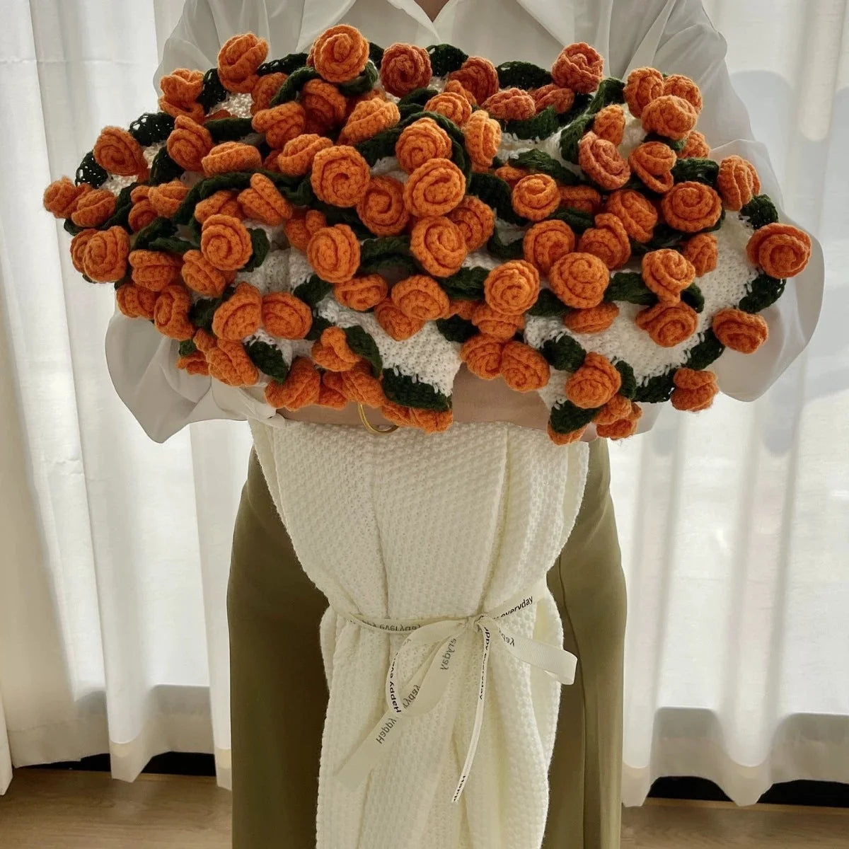 Throw Blanket Double-Knit Crocheted Flower Appliqués