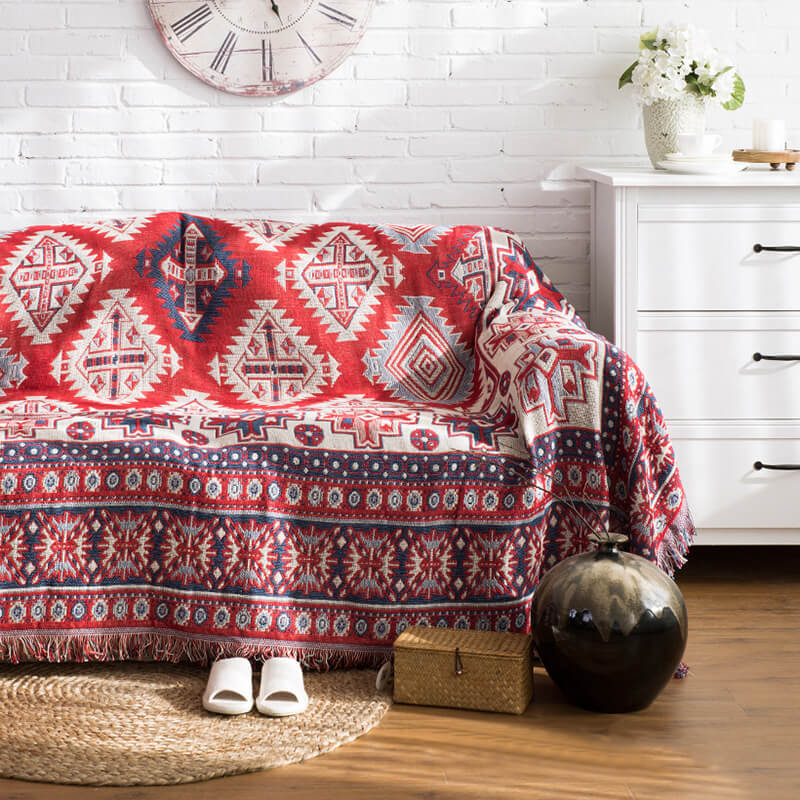 Throw Blanket Reversible Ethnic Pattern Cotton Blend Tassels