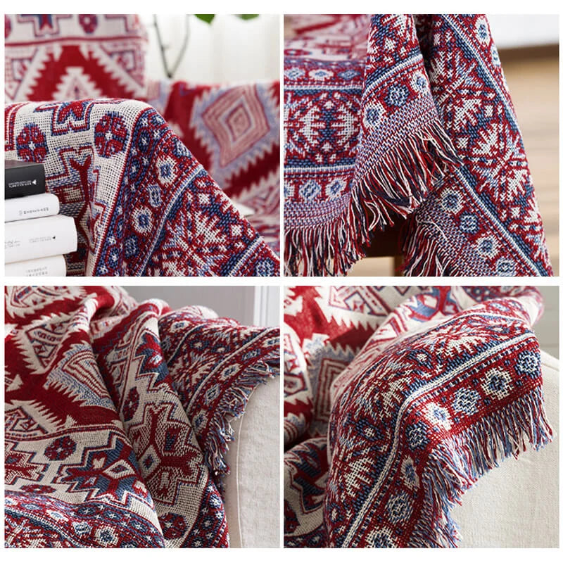 Throw Blanket Reversible Ethnic Pattern Cotton Blend Tassels
