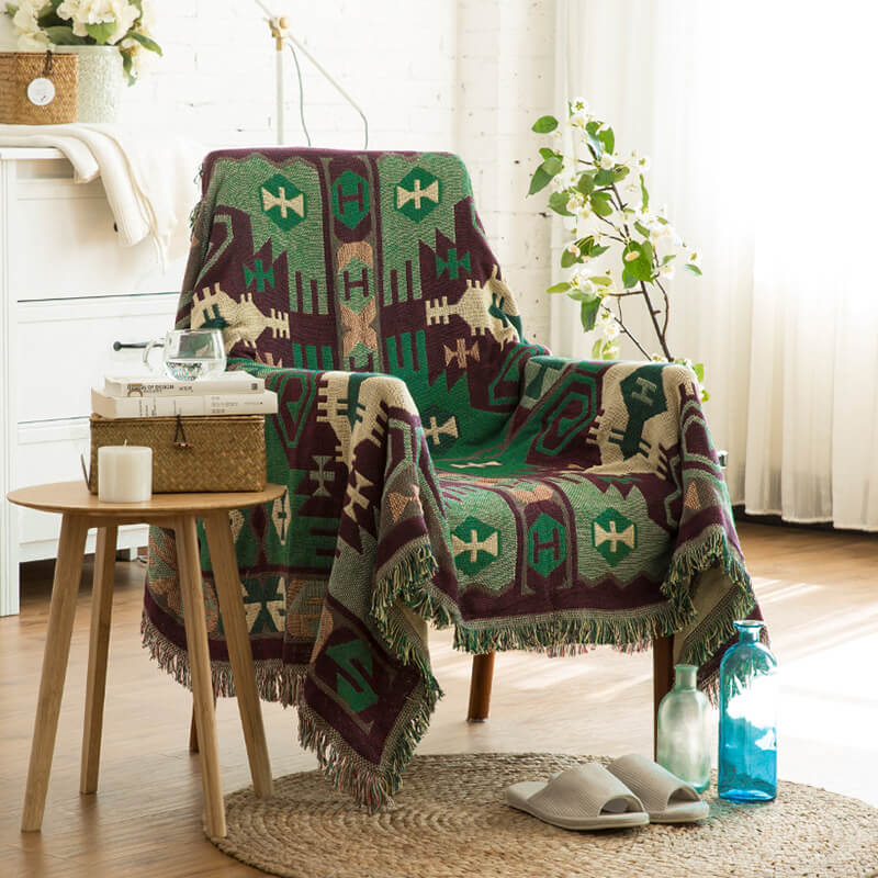 Throw Blanket Reversible Ethnic Pattern Cotton Blend Tassels